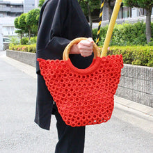 画像をギャラリービューアに読み込む, ハンドバッグ 木リング 編みバッグ v1010